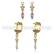 ergz522 gold steel huggies earrings w dangling oval cz