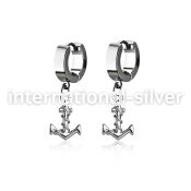 erh699 steel huggies earrings w dangling plain anchor w rope