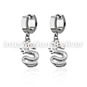 erh721 steel huggies earrings w dangling dragon w crystal eye