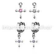 erhz14s steel huggies earrings w small dangling cross w tiny cz