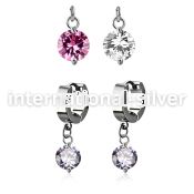 erhz383 steel huggies earrings w dangling twin prong set 10mm cz
