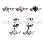 erhz586 steel huggies earrings w dangling heart shaped cz w wing