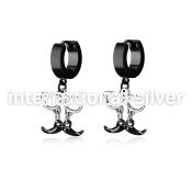 erk507 black steel huggies earrings w dangling black mustache