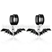 erk569 black steel huggies earrings w dangling black bat