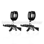 erk631 black steel huggies earrings w dangling black ak47