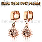 err726 rose gold stainless steel huggie earring w dangling sun