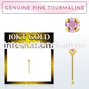 ginbge3 10kt gold nose bone with a 2mm prong set pink tourmaline