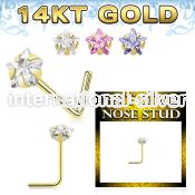 gnssrm1 14 karat gold l shaped nose stud 22g star color cz