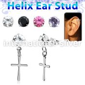 hexzd36 plain 925 silver helix ear stud w dangling plain cross