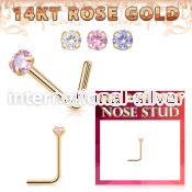 rnsczm15 14 karat rose gold l shaped nose stud 22g color cz