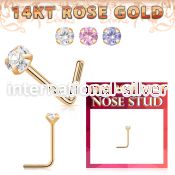 rnszm2 14 karat rose gold l shaped nose stud 22g color cz