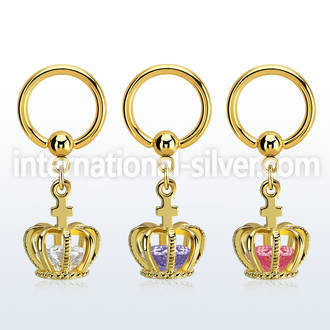 bcrtgz6 gold plated 316l steel bcr, 14g w dangling crown w cz