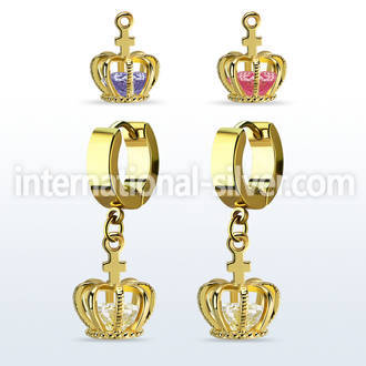 ergz590 gold plated stainless steel huggie w dangling crown w cz
