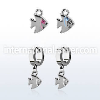 erh445 steel huggies earrings w dangling fish w a crystal eye