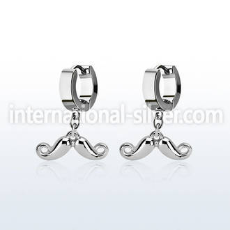erh519 steel huggies earrings w dangling happy mustache 