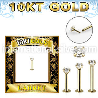 gilbz solid 10k gold labret w thread less push in top w cz