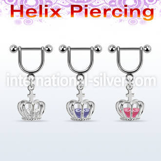 heuz12 316l steel helix stirrup w dangling crown w cz inside