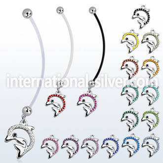 pnd672 pregnancy belly ring w dangling crystal studded dolphin 