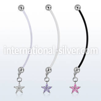 pndz413 pregnancy belly ring w dangling flower w prong set cz