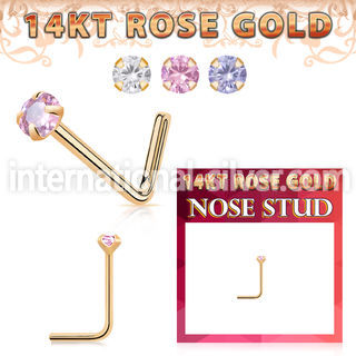 rnsczm15 14 karat rose gold l shaped nose stud 22g color cz