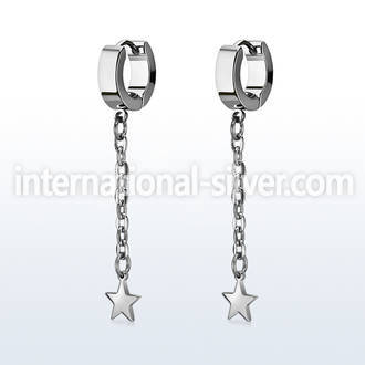 steel huggies earrings w a steel star on long chain 