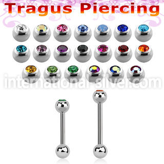 surgical steel tragus barbell, 16g (1.2mm) with a top 3mm bezel jewel ball and a plain 3mm steel ball