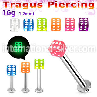 tlbgld3 316l steel tragus labret 16g 3mm glow in the dark dice 