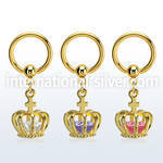 bcrtgz6 gold plated 316l steel bcr, 14g w dangling crown w cz