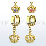 ergz590 gold plated stainless steel huggie w dangling crown w cz