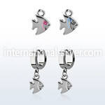 erh445 steel huggies earrings w dangling fish w a crystal eye