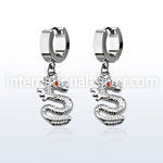 erh721 steel huggies earrings w dangling dragon w crystal eye