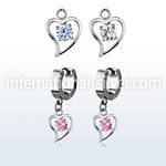 erhz17 steel huggies earrings w round cz inside heart dangling