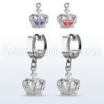erhz590 stainless steel huggie w dangling crown w cz