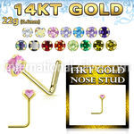 gnszm3 14 k gold 22g l shaped nose stud round cz prong set
