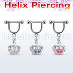 heuz12 316l steel helix stirrup w dangling crown w cz inside