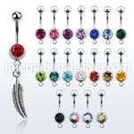 mcd638 316l steel belly banana w bezel ball dangling feather