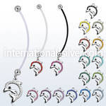 pnd672 pregnancy belly ring w dangling crystal studded dolphin 