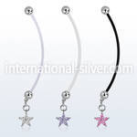pndz413 pregnancy belly ring w dangling flower w prong set cz