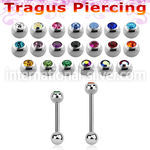 surgical steel tragus barbell, 16g (1.2mm) with a top 3mm bezel jewel ball and a plain 3mm steel ball