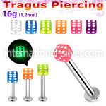 tlbgld3 316l steel tragus labret 16g 3mm glow in the dark dice 